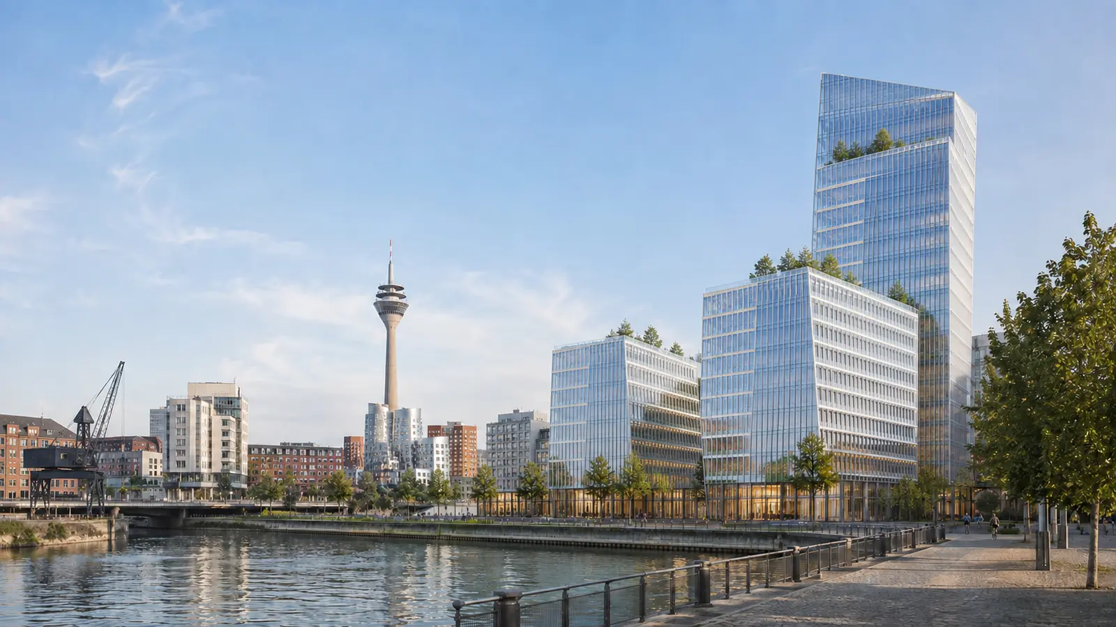 Zukunftsvisualisierung der UNIQ Towers im Düsseldorfer Medienhafen mit Rheinturm