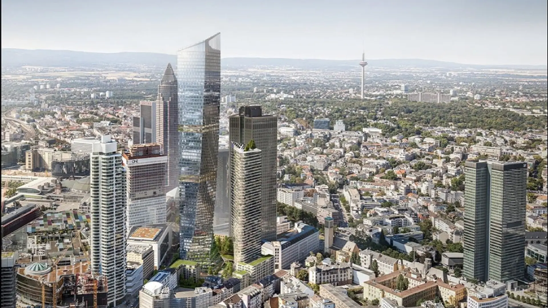 Frankfurter Skyline mit geplantem Millennium Tower und Europaturm