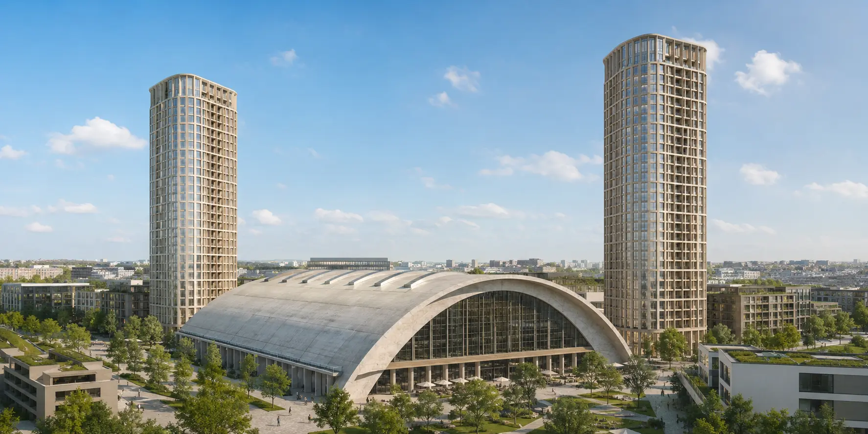 Zukunftsvisualisierung des Münchner Paketpost-Areals mit der bogenförmigen Paketposthalle und zwei geplanten Hochhäusern