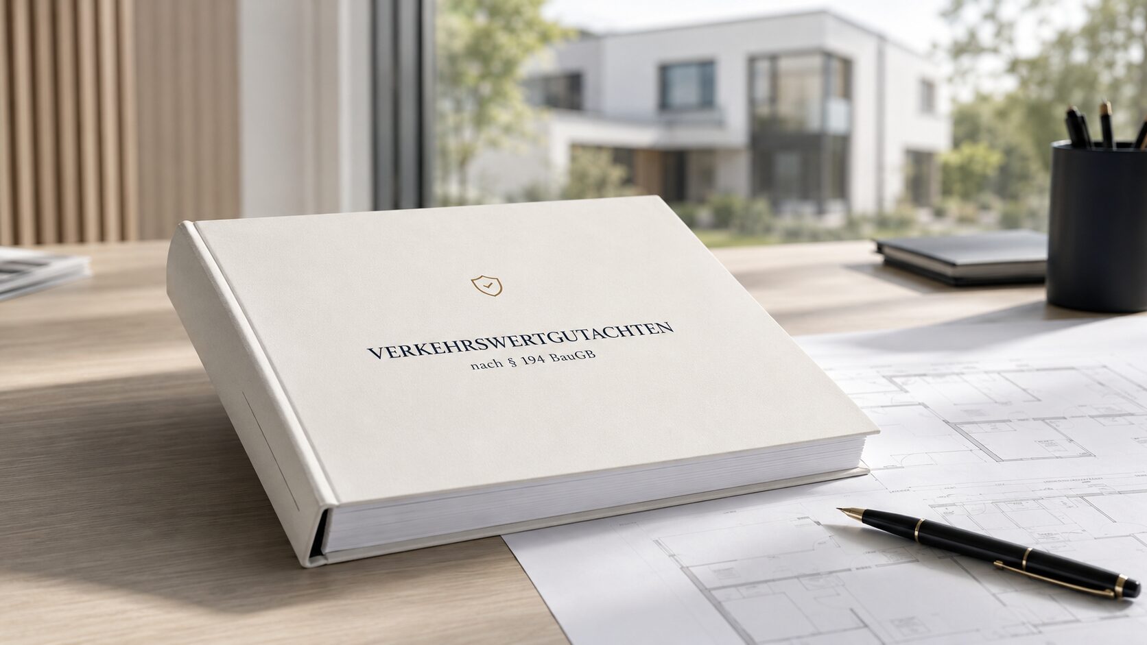 Professionell gebundenes Verkehrswertgutachten auf einem Schreibtisch